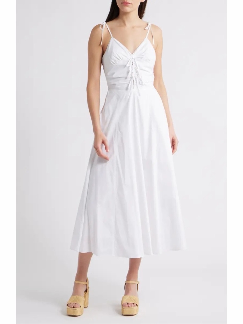 Moon River A-Line Cotton Poplin Crisp White Tie Front Midi Sundress Size Large